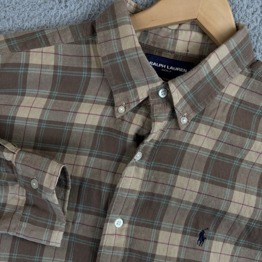 Ralph Lauren Golf Shirt Mens 2XL Brown Plaid Cotton Tilden Casual Button Down